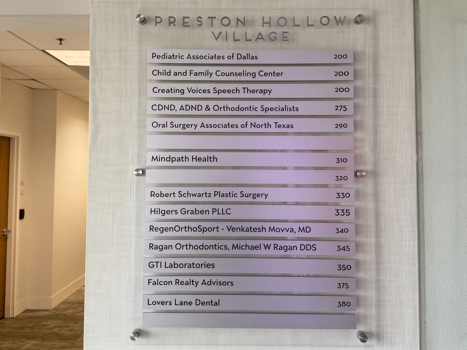 Third-floor directory listing RegenOrthoSport, Venkatesh Movva, MD, Suite 340